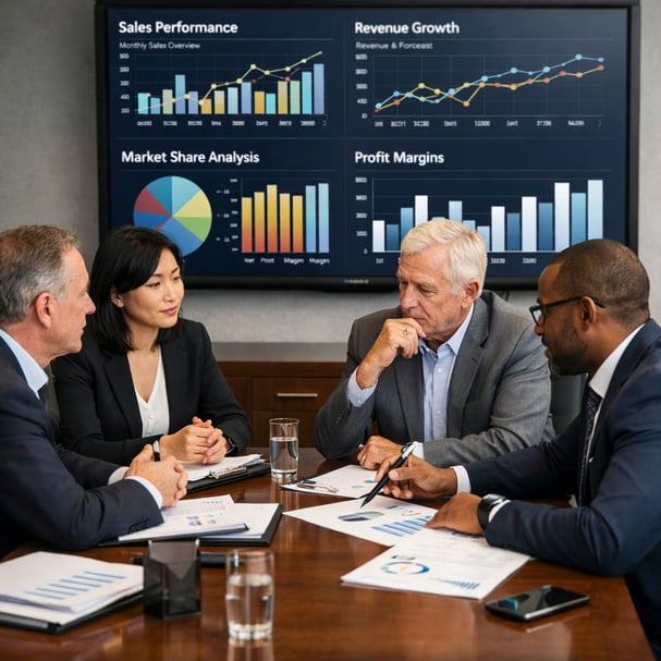 A meeting with executives that are making decision based on their business metrics-1