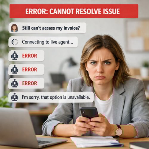 Uma profissional de negócios frustrada em um escritório moderno e bem iluminado segurando seu smartphone com uma expressão exasperada. As bolhas de bate-papo sobrepostas mostram um loop de erro repetitivo do chatbot com a mensagem 