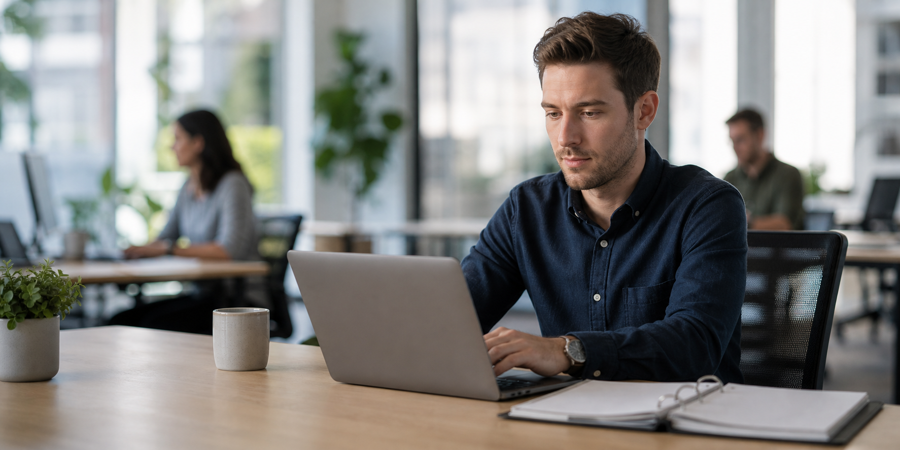 Account Executive Updating CRM At Startup Desk
