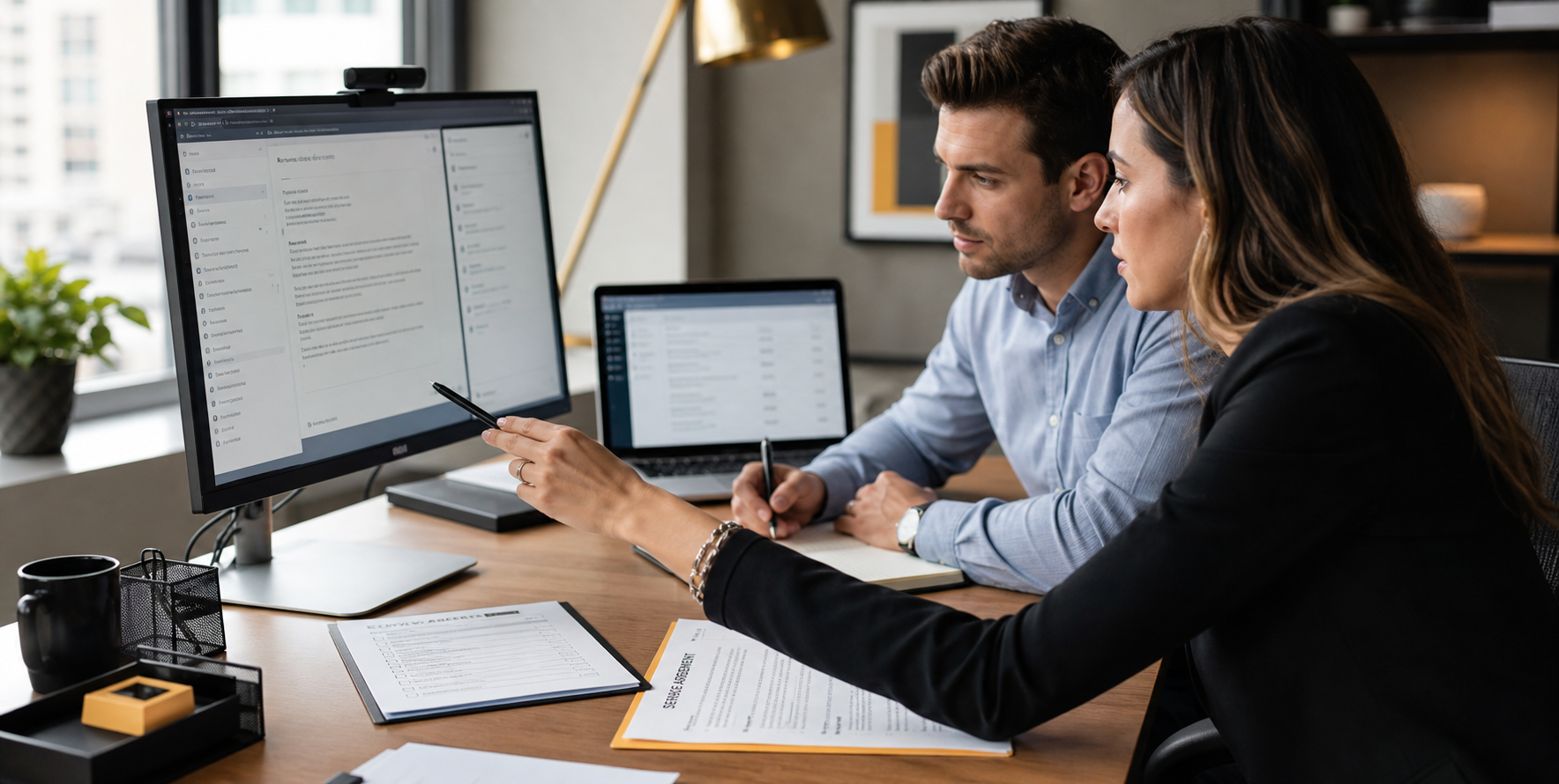Account Executives Reviewing Customer Communication at Desk