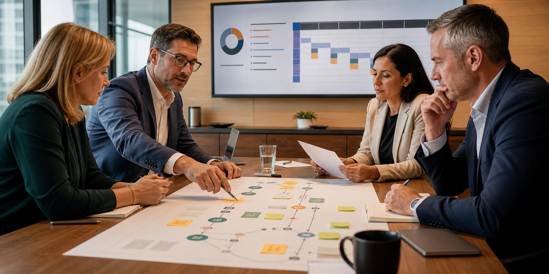 B2B Leaders Reviewing Account Journey Map at Conference Table