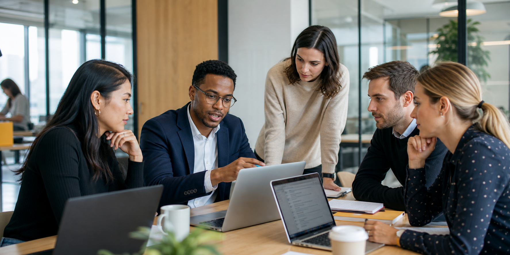B2B SaaS Sales Team in Modern Office with CRM and AI Tools