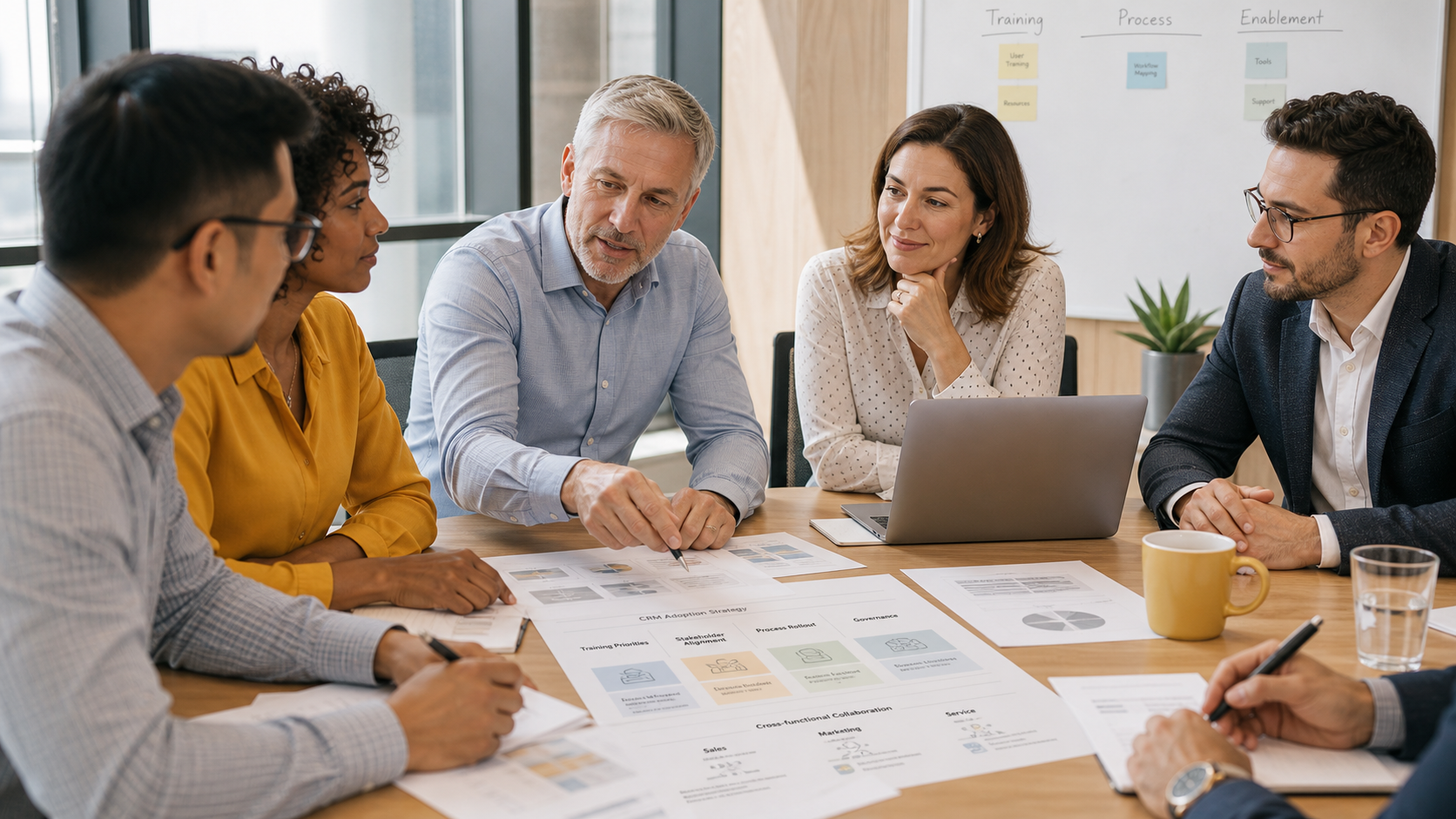 B2B Team Reviewing CRM Adoption Plan with Warm Accents