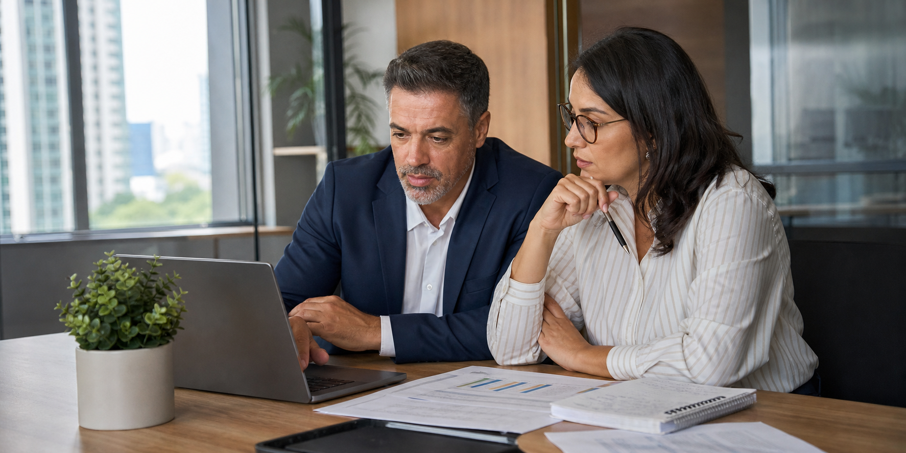 Brazilian Business Leaders Reviewing CRM Data in Sober Office