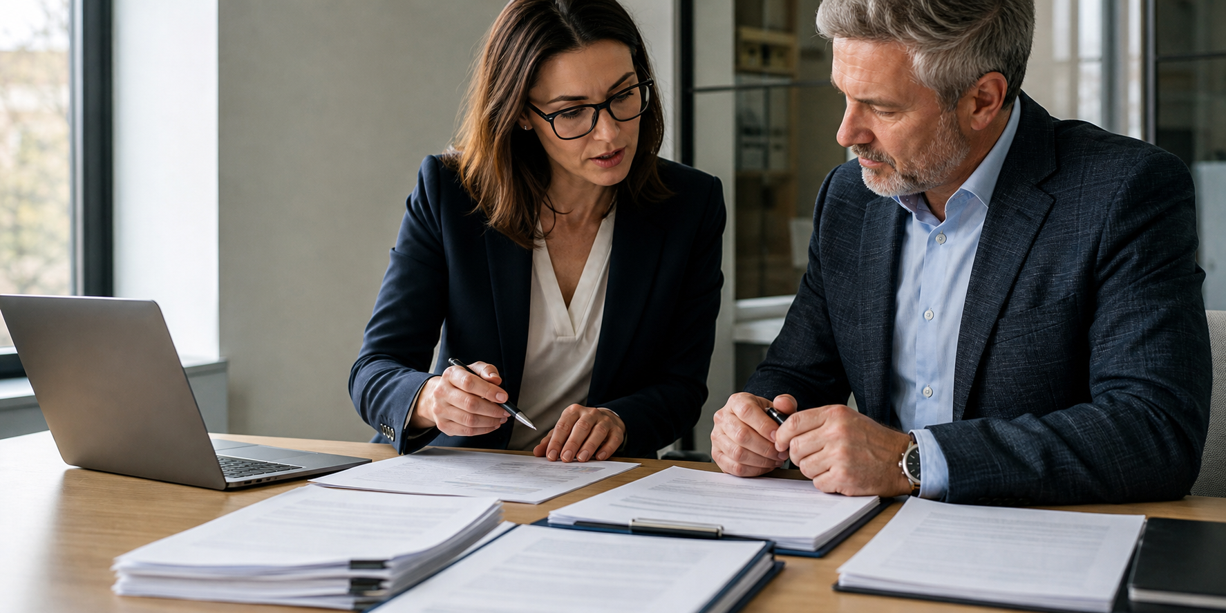 Business Leaders Reviewing Contracts At Desk
