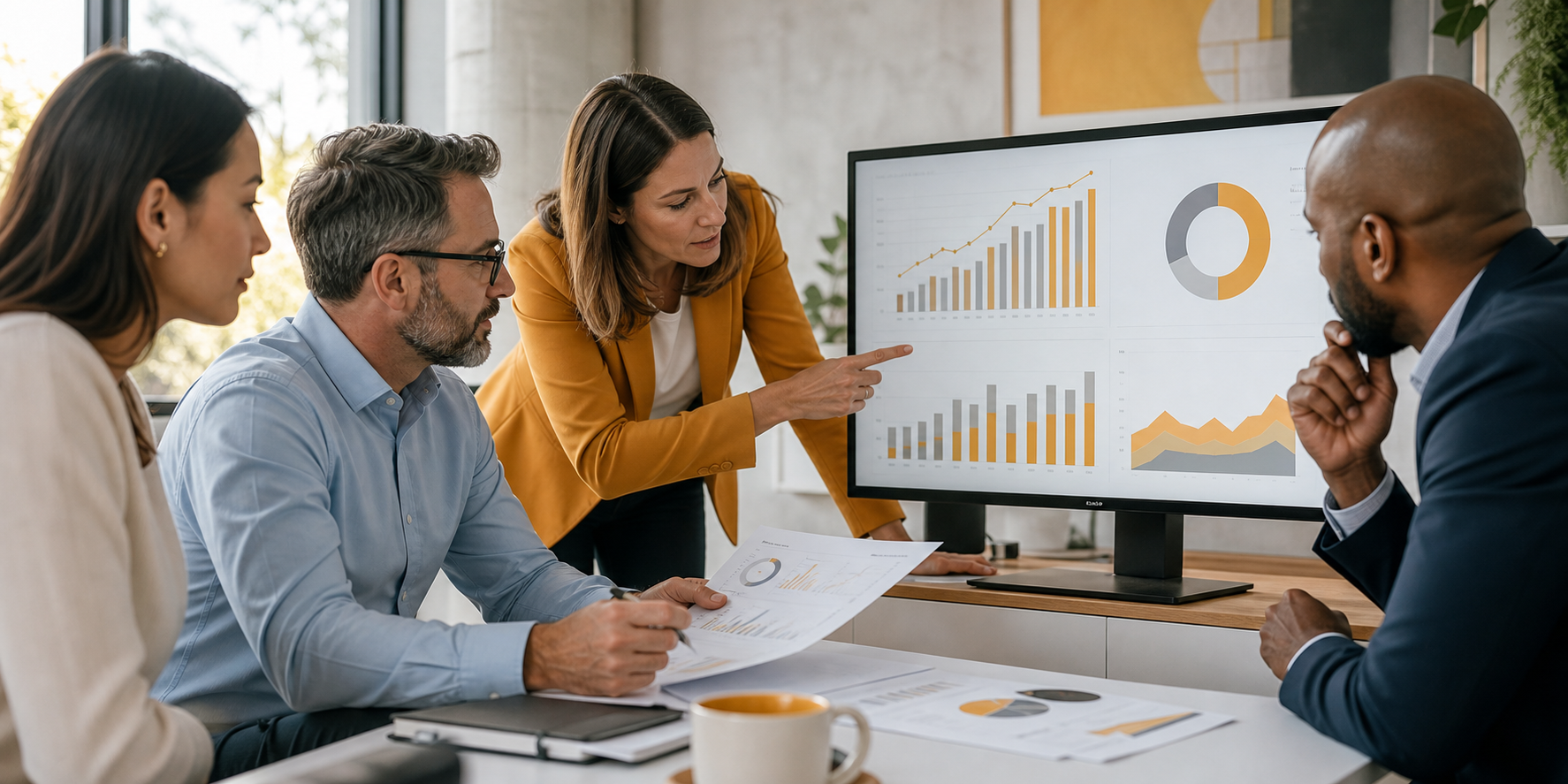 Business Leaders Reviewing Revenue Charts In Meeting Room