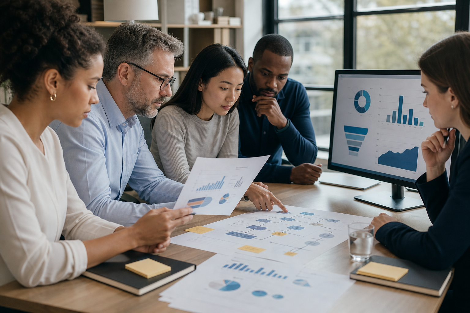 Business Team Analyzing Revenue Charts In Meeting Room