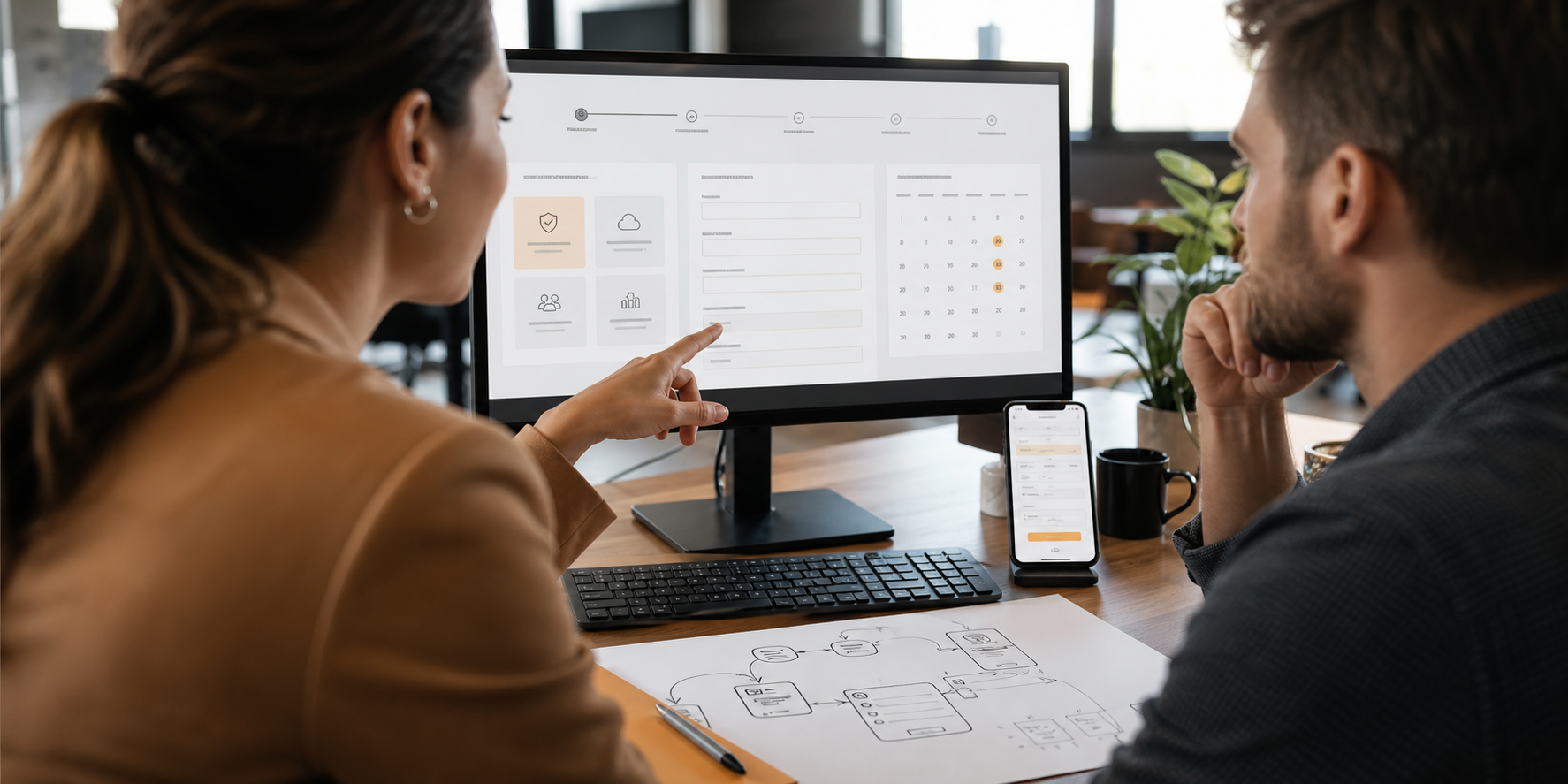 Business Team Reviewing Service Assessment Page On Monitor