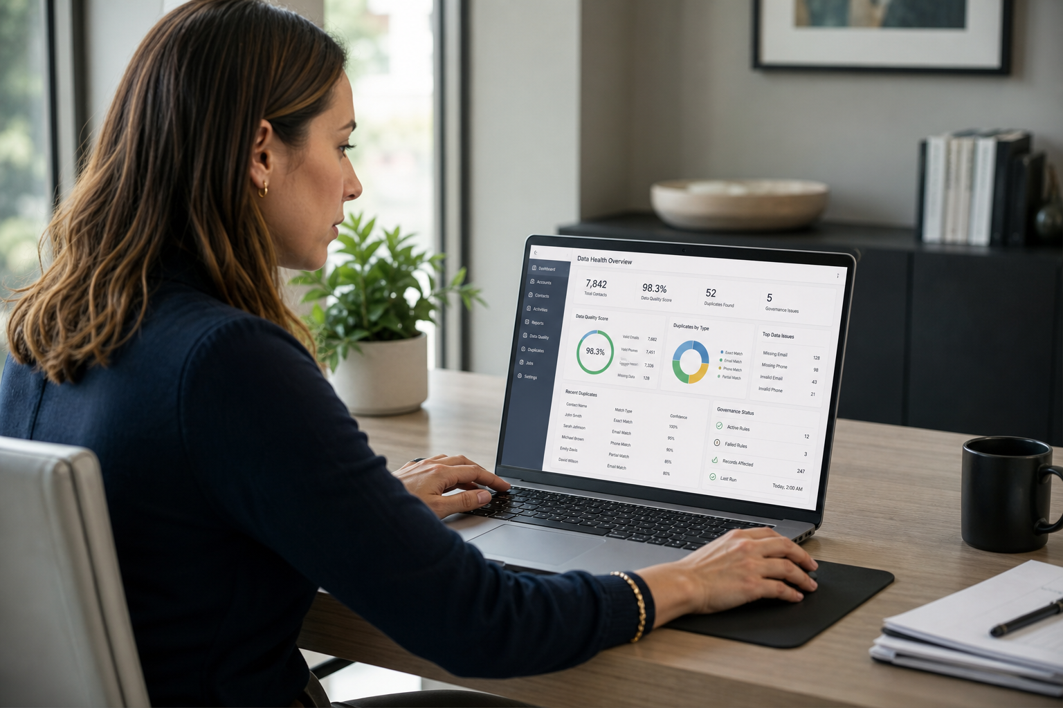 CRM Dashboard Review by Operations Professional in Modern Office