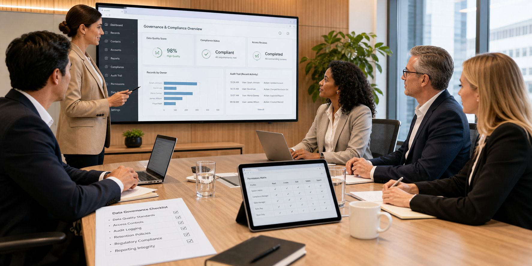 CRM Governance Review by Executive Teams in Bright Corporate Setting