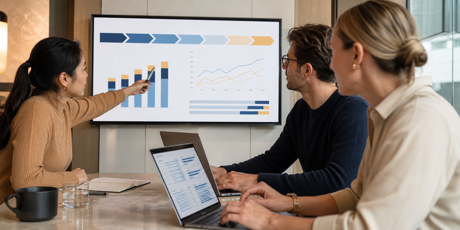 Commercial Team Reviewing SaaS Data in Modern Meeting Room