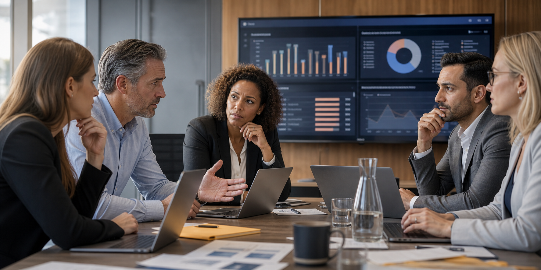 Concerned Executives Analyzing CRM Reports In Modern Meeting