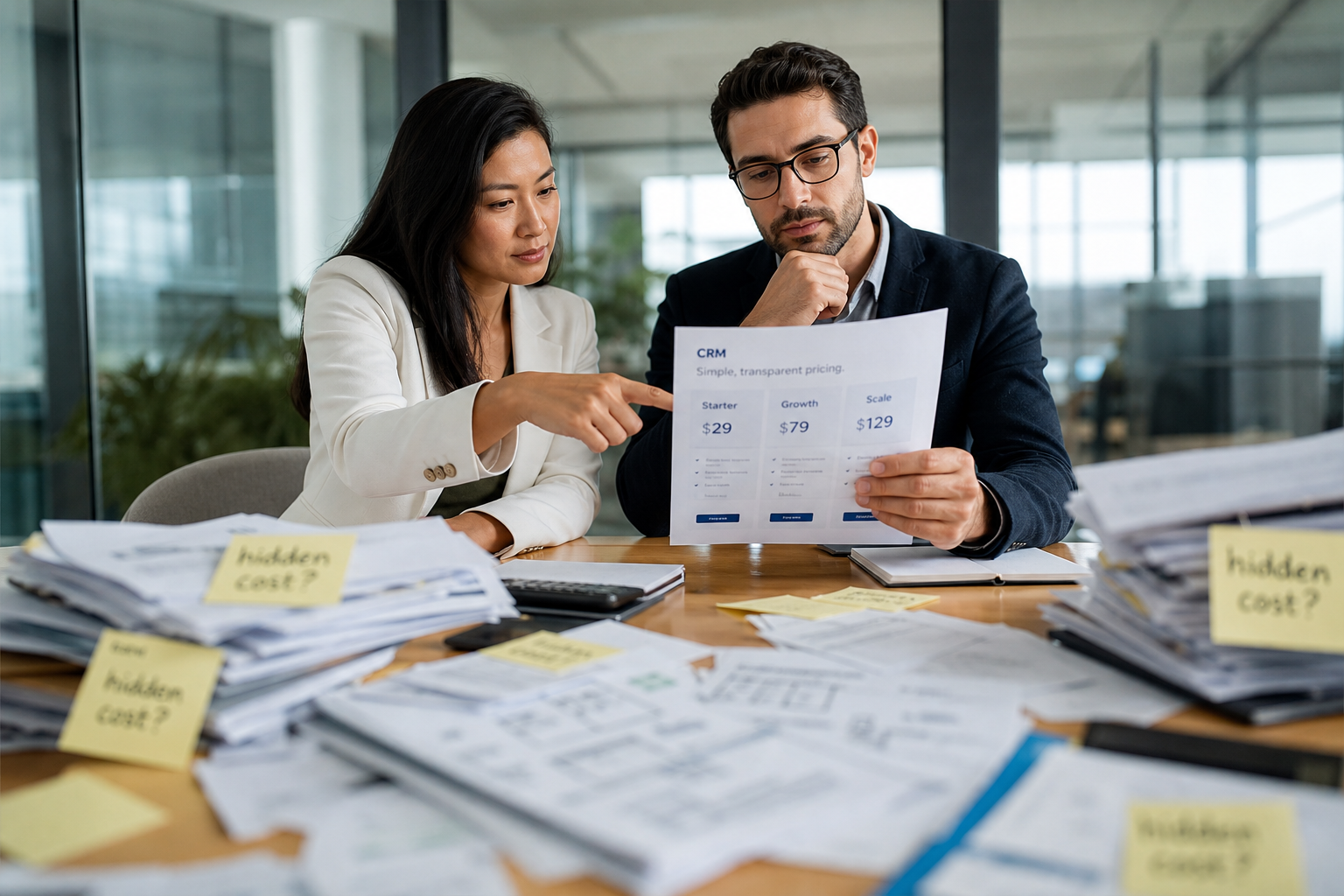 Confident Founders Examining CRM Pricing Amid Hidden Complexity