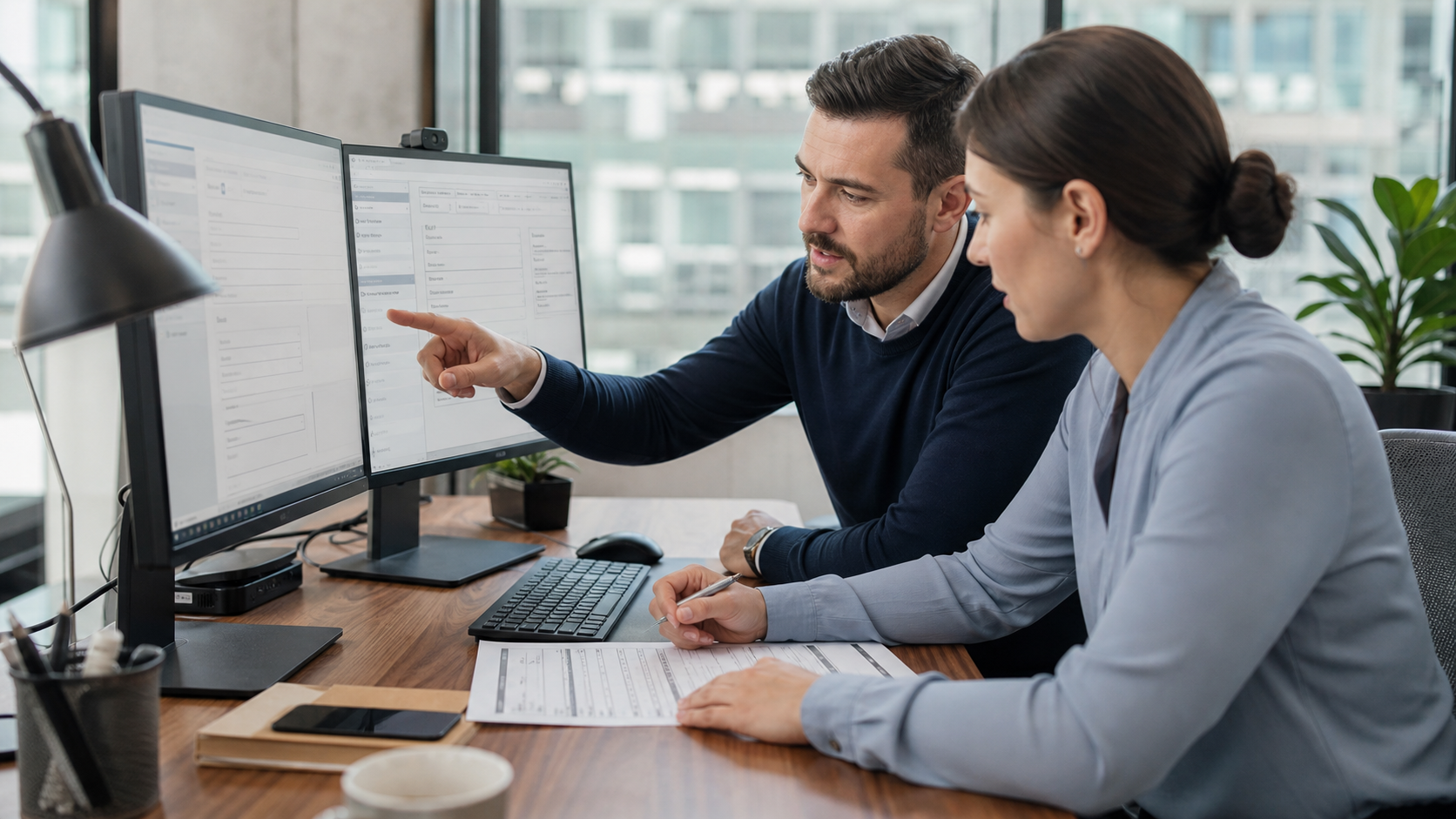 Consultant Reviewing CRM Data At Office Workstation