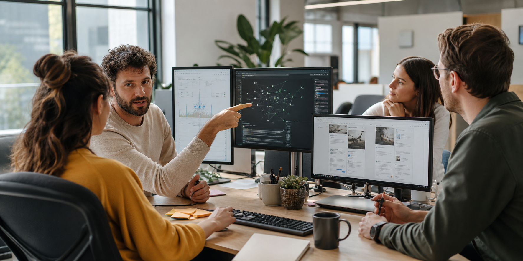Content Strategy Team Reviewing AI Data On Modern Screens