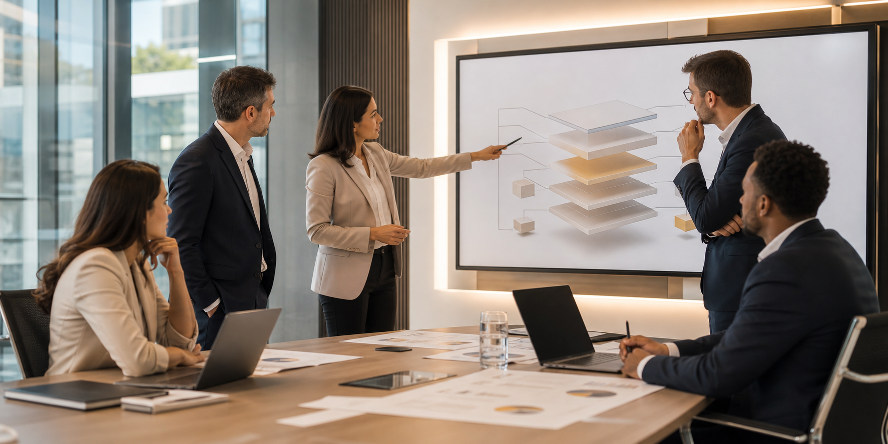 Corporate Leaders Planning CRM Project in Realistic Editorial Illustration