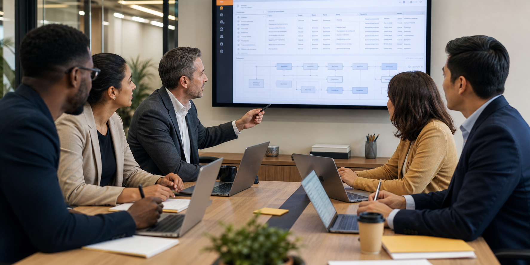 Corporate Leaders Reviewing CRM Data in Modern Office