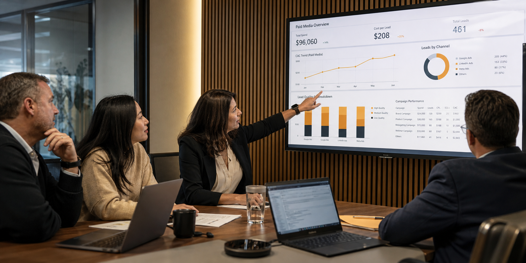 Corporate Leaders Reviewing Paid Media Dashboards