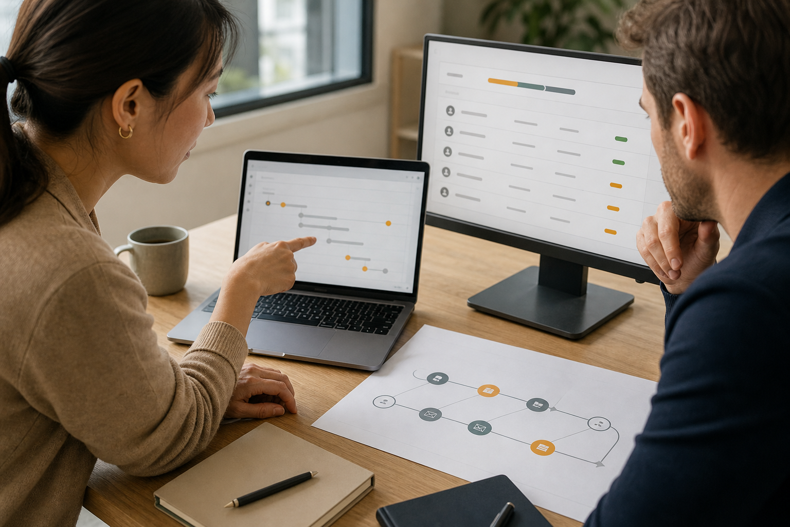 Corporate Team Analyzing Customer Journey Map on Desktop