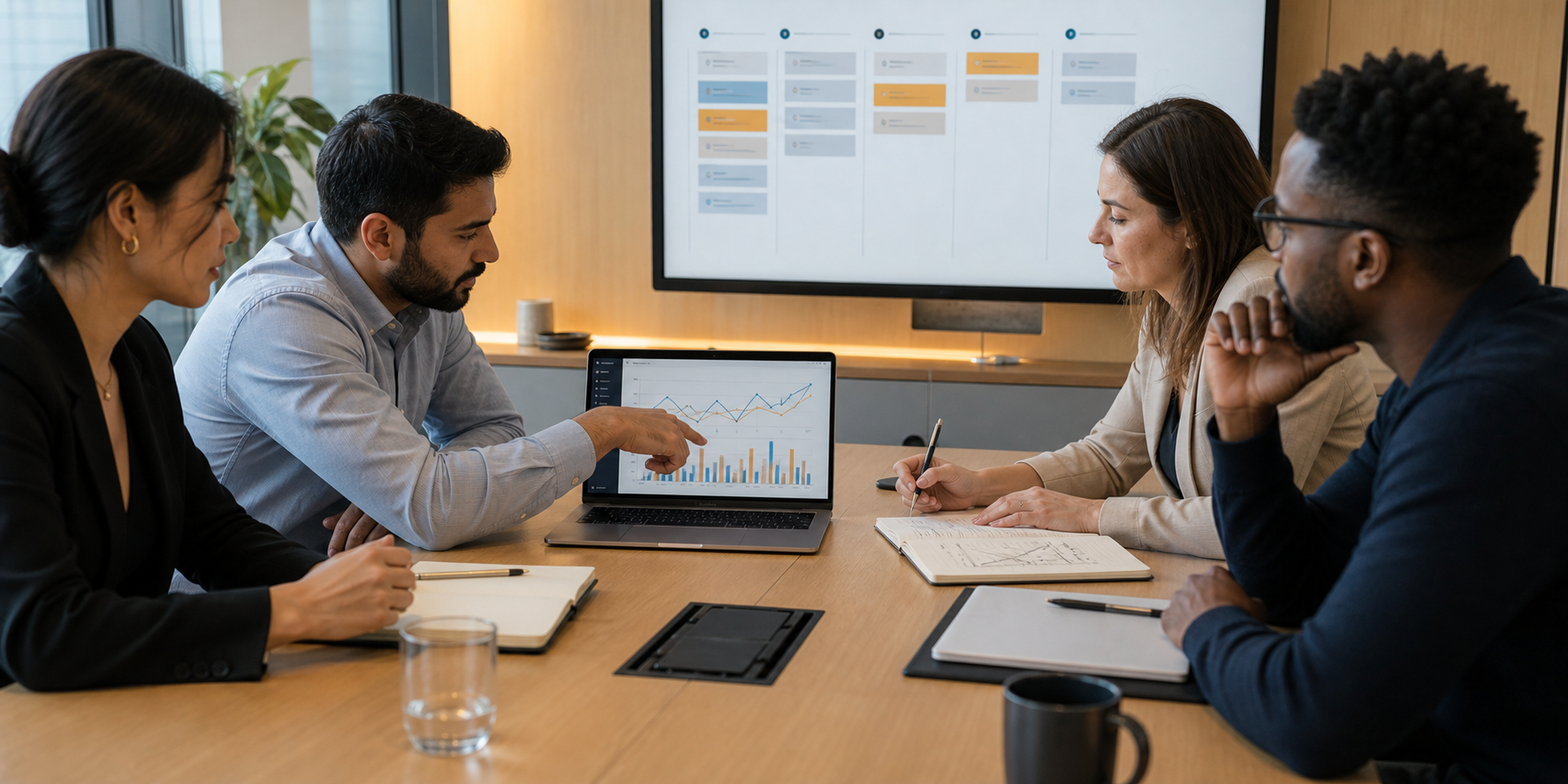 Corporate Team Analyzing Sales Pipeline at Modern Meeting
