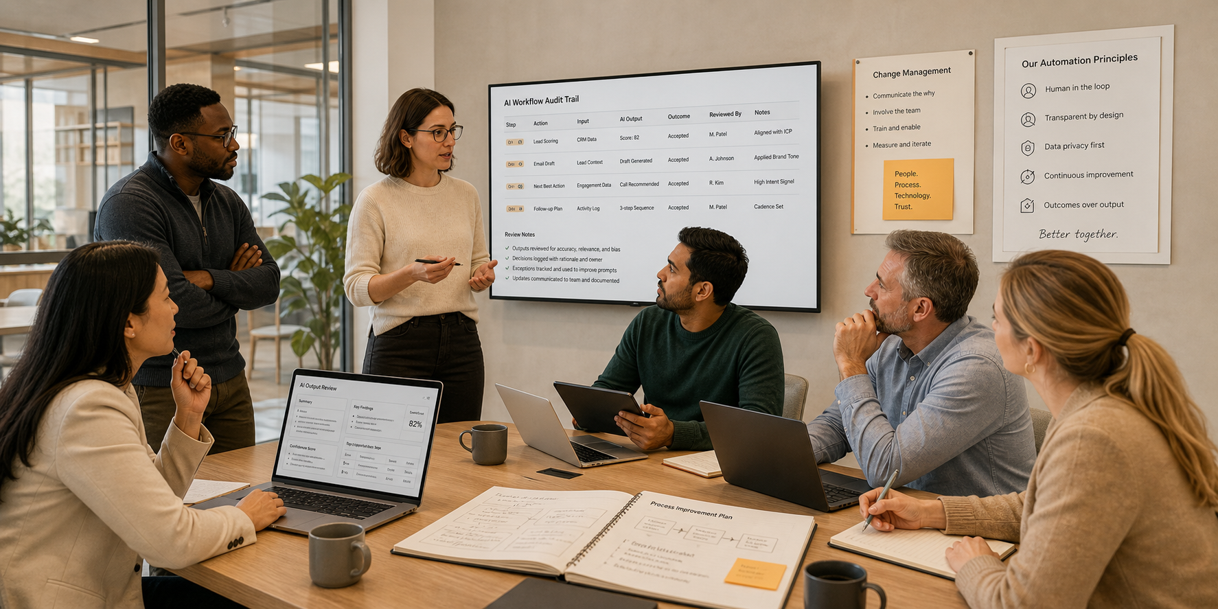 Corporate Team Collaborating on AI Workflows with Transparency and Governance