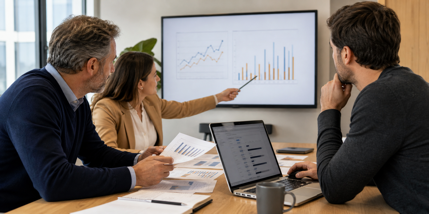 Corporate Team Discussing Revenue Projections In Modern Conference Room