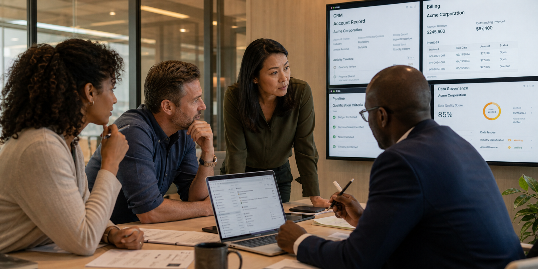 Corporate Team Reviewing CRM And Billing Data