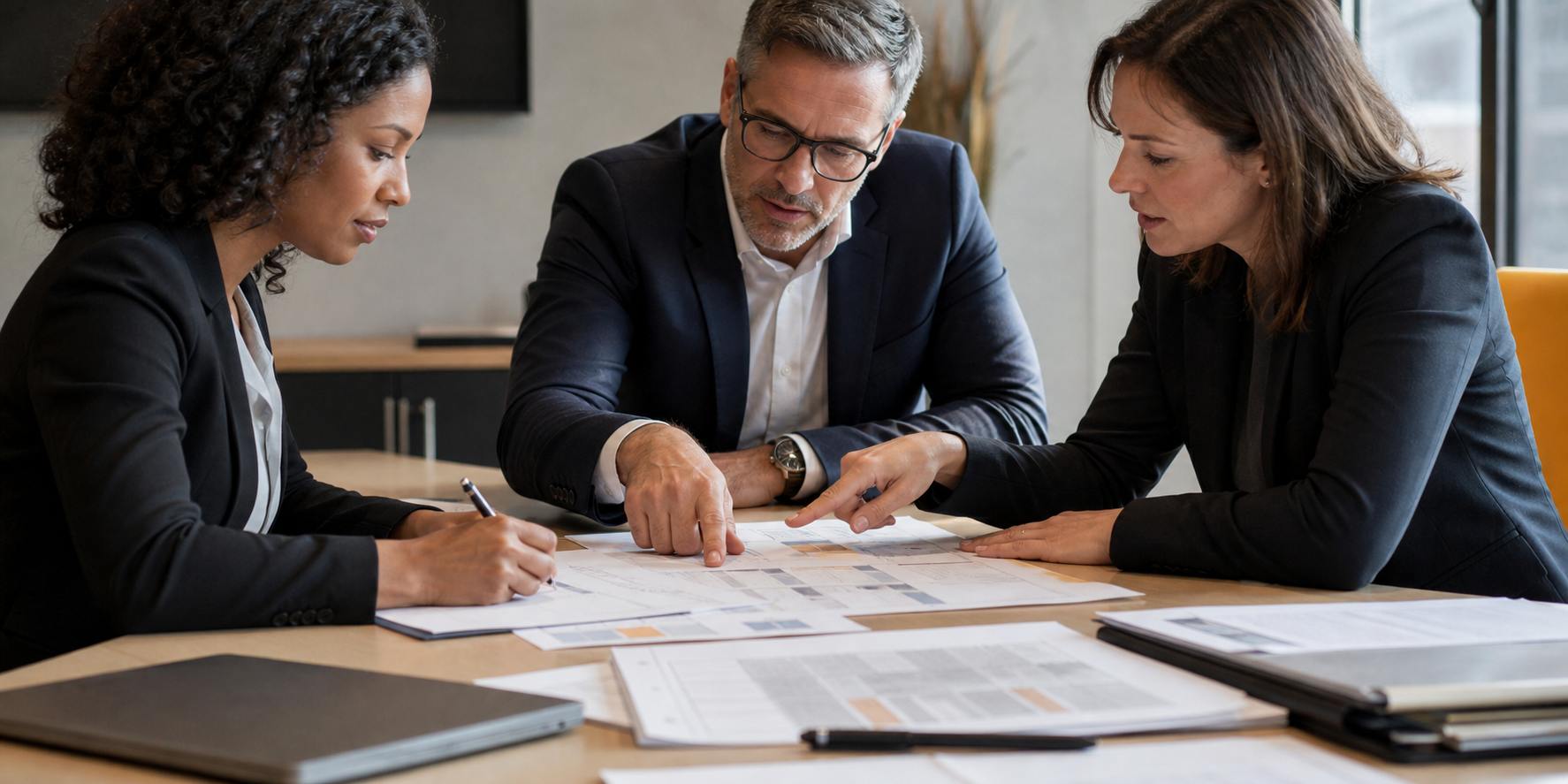 Corporate Team Reviewing CRM Proposals At Meeting Table