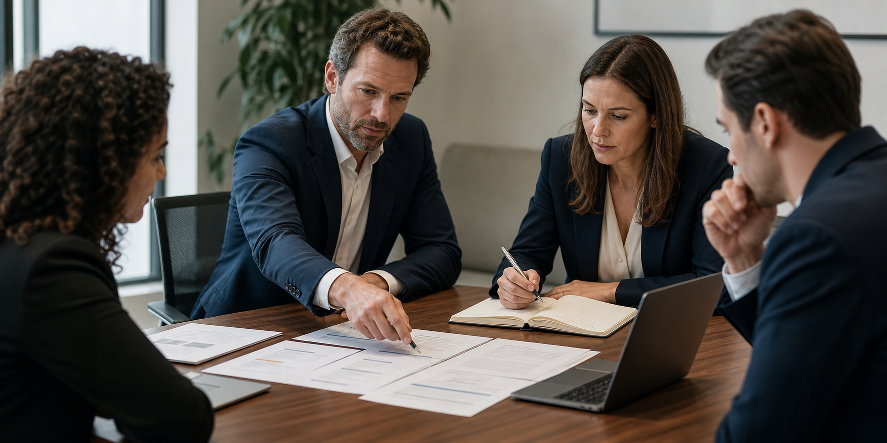 Corporate Team Reviewing SaaS Proposals At Conference Table