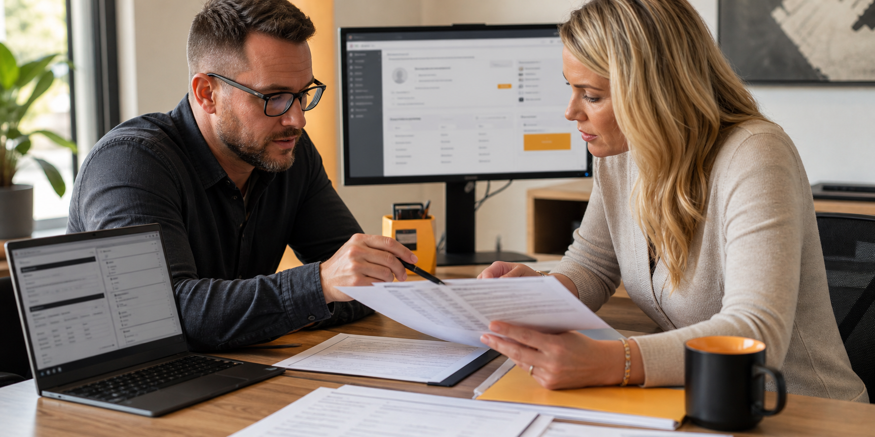 Corporate Team Reviewing Service Agreement at Desk