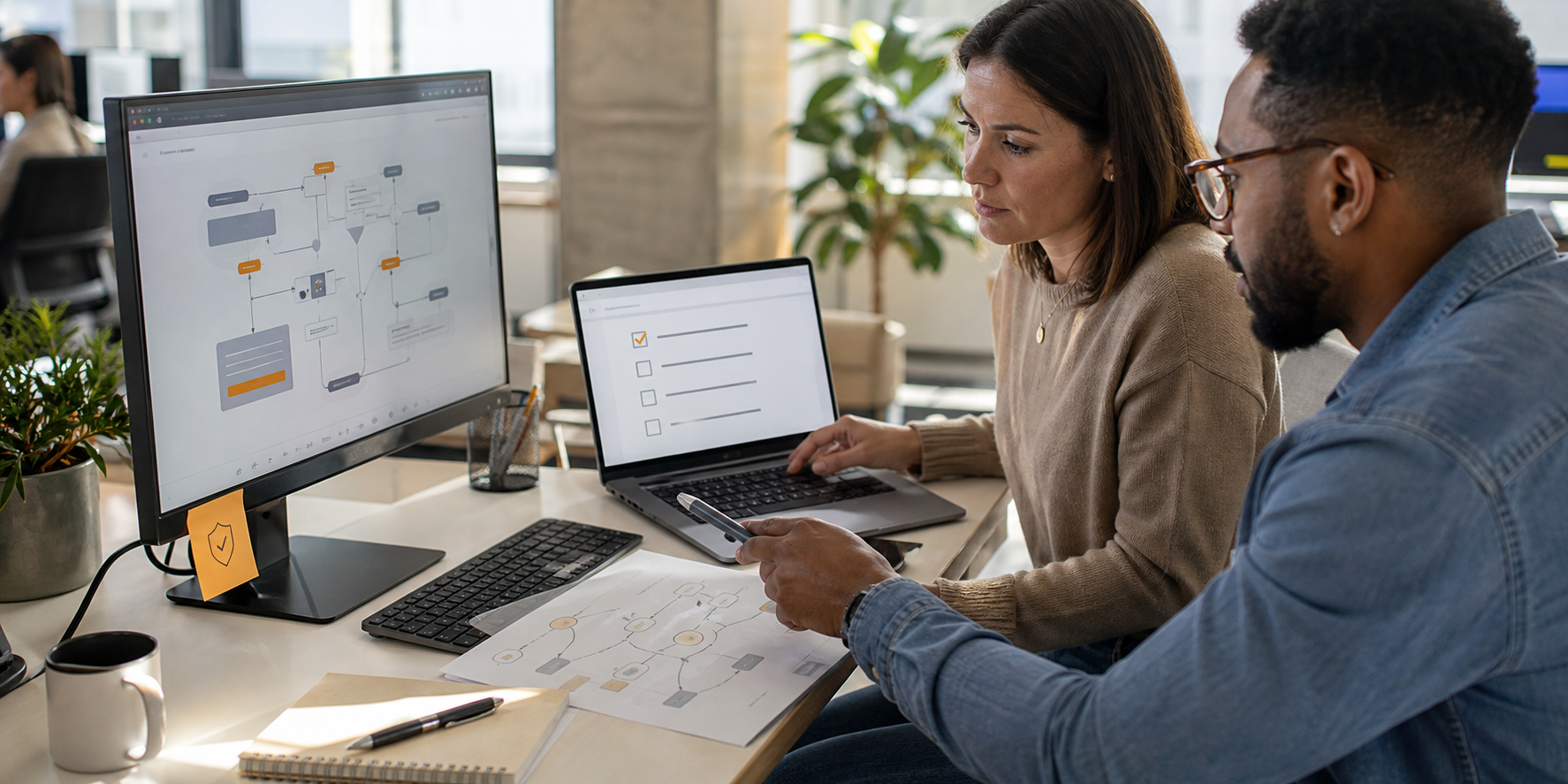 Corporate Team Validating CRM Workflow On Desk