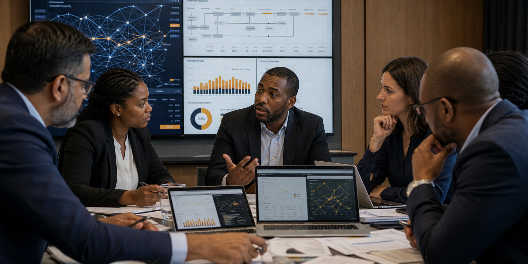 Diverse Telecom Executives Reviewing Revenue Dashboards In Modern Conference Roo