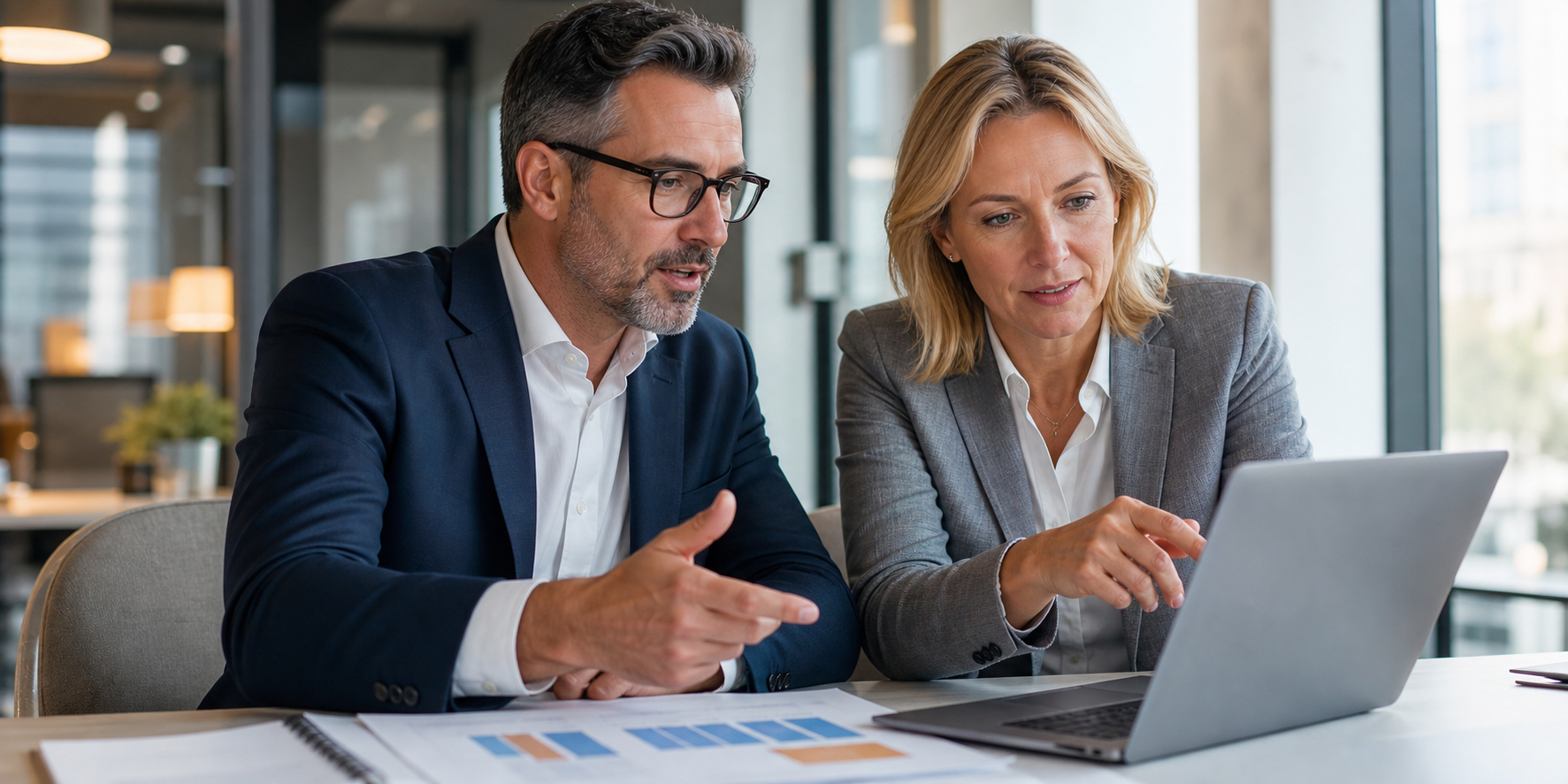 Executive And Operations Leader Reviewing It Provider Website On Laptop