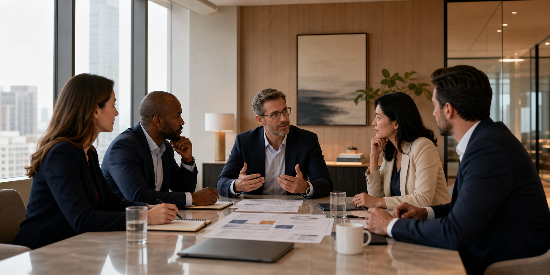 Executive Leadership Reviewing CRM Models in Sophisticated Office