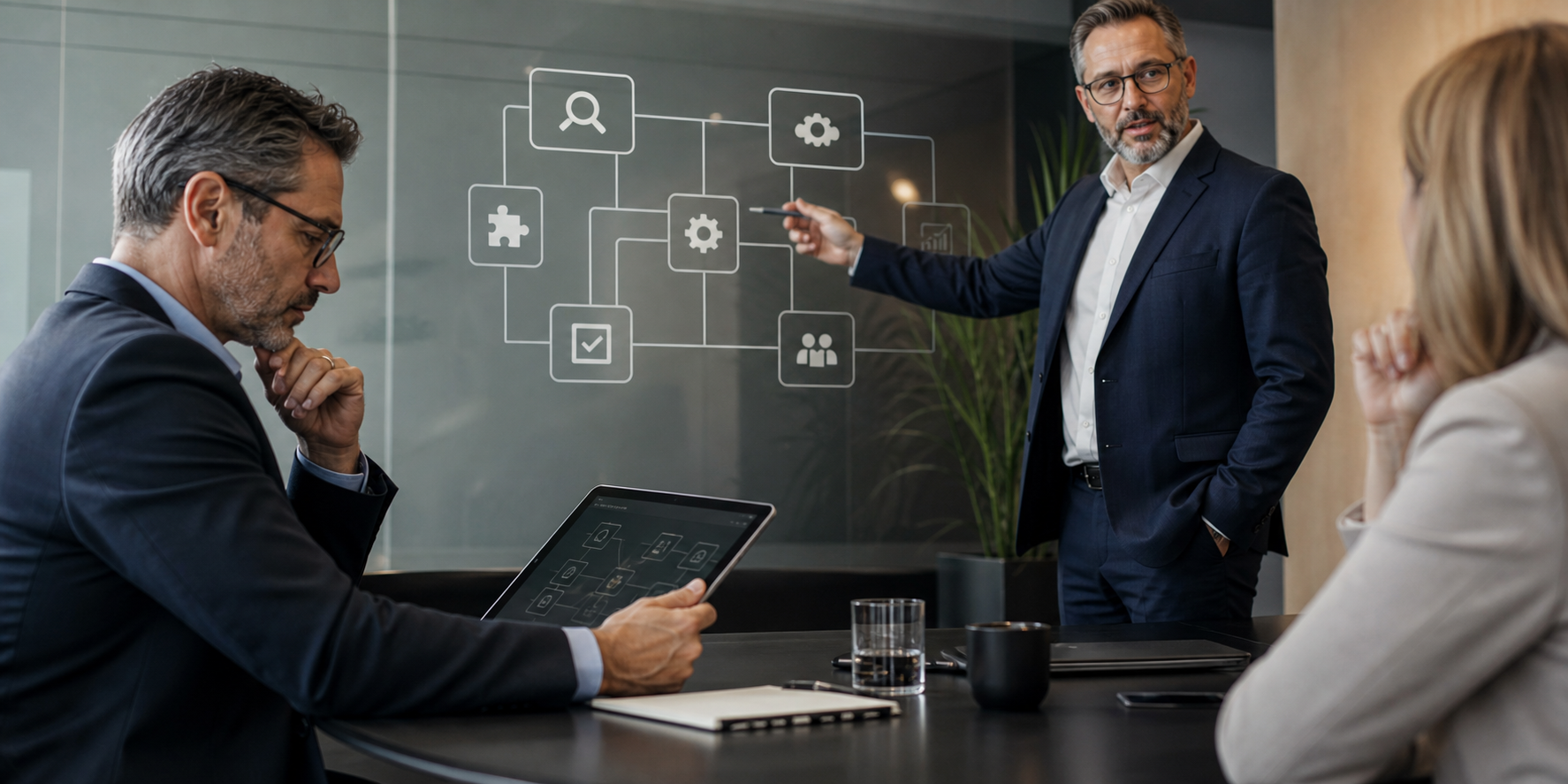 Executive Partner Evaluation Scene with Visual References to Methodology and Str