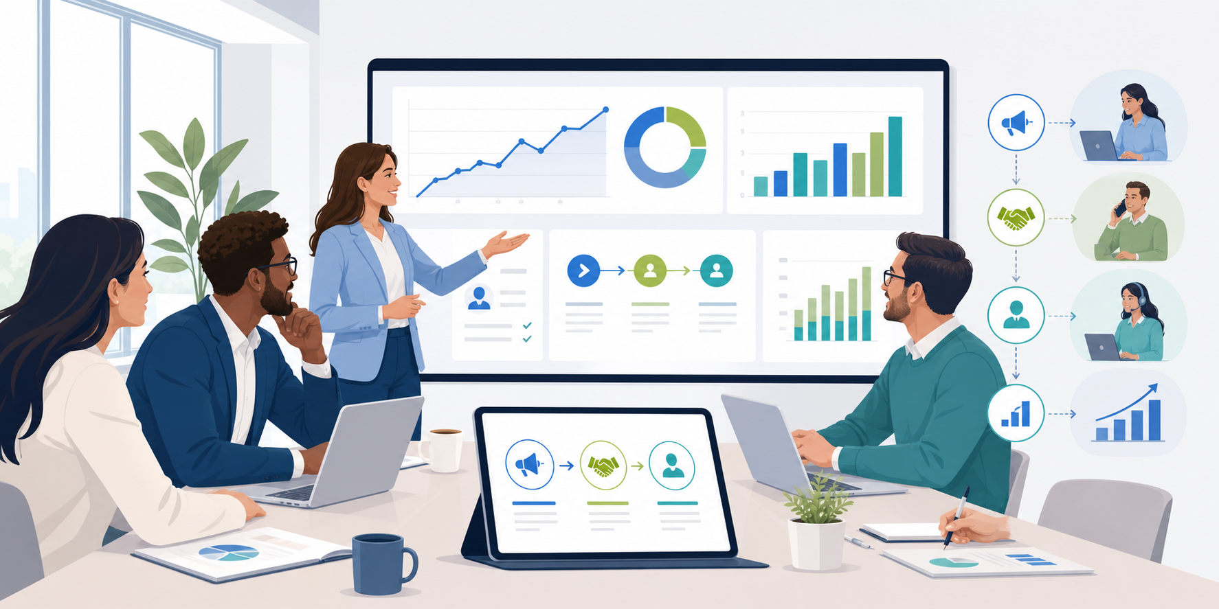 Executive Team Analyzing Data with CRM Integration and Growth Strategy