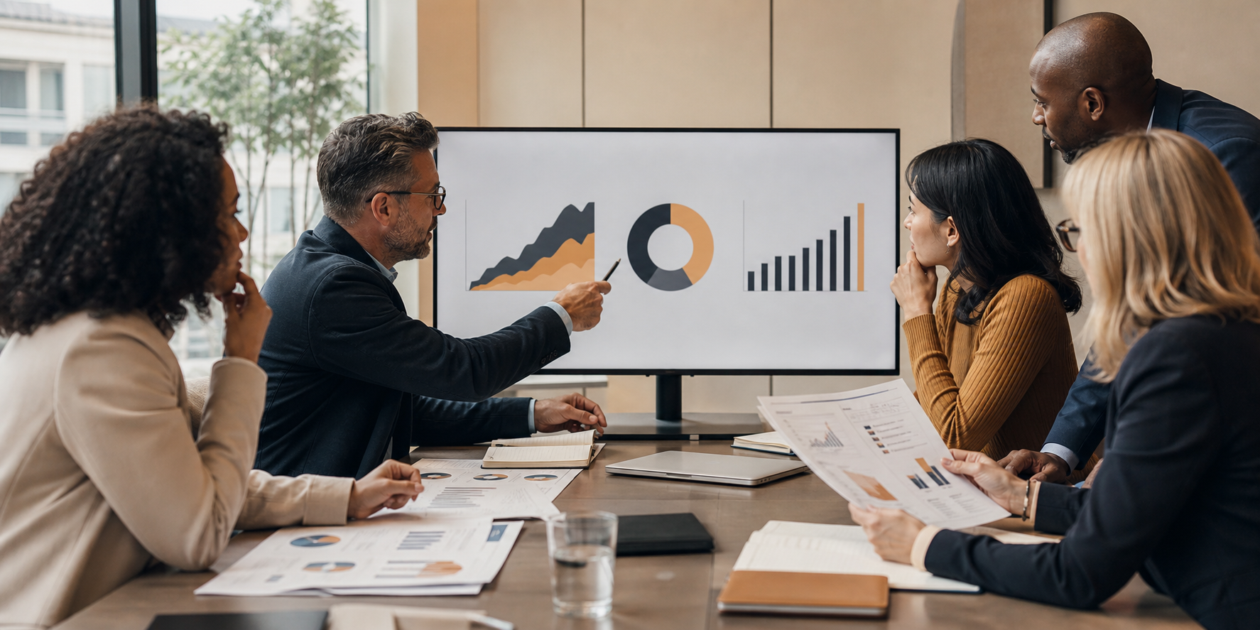 Executive Team Analyzing Revenue Charts on Monitor