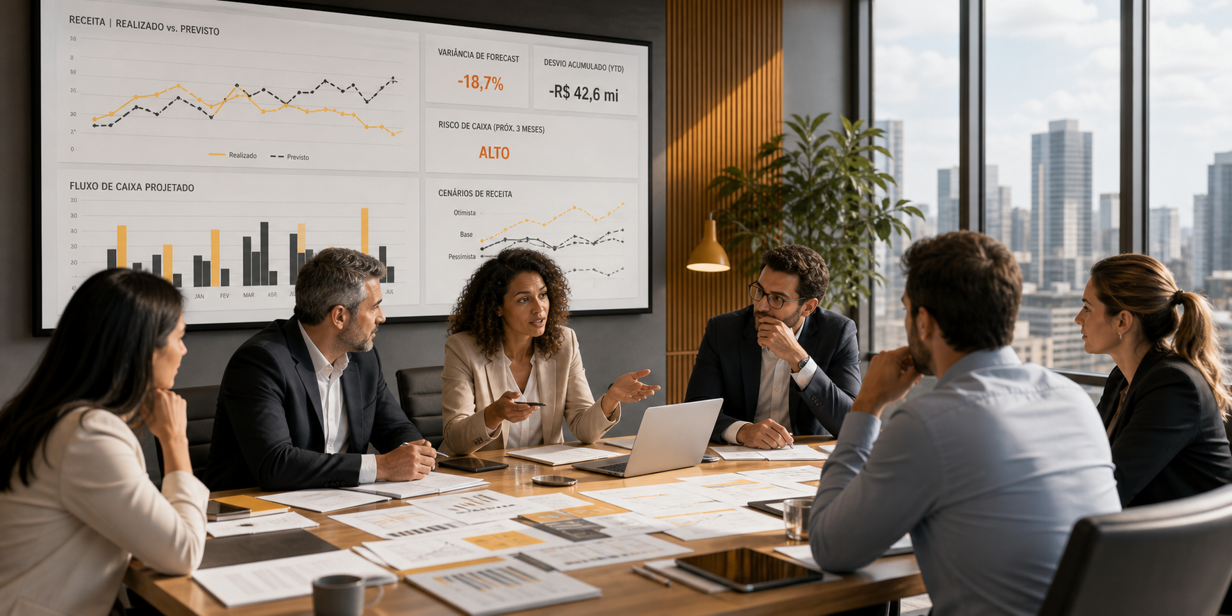 Executive Team Analyzing Revenue Forecasts in Corporate Setting