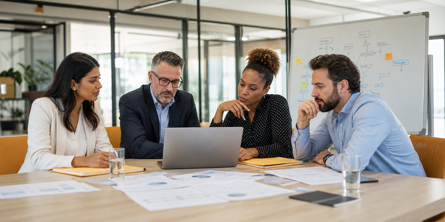 Executive Team Evaluating CRM Options in Modern Office