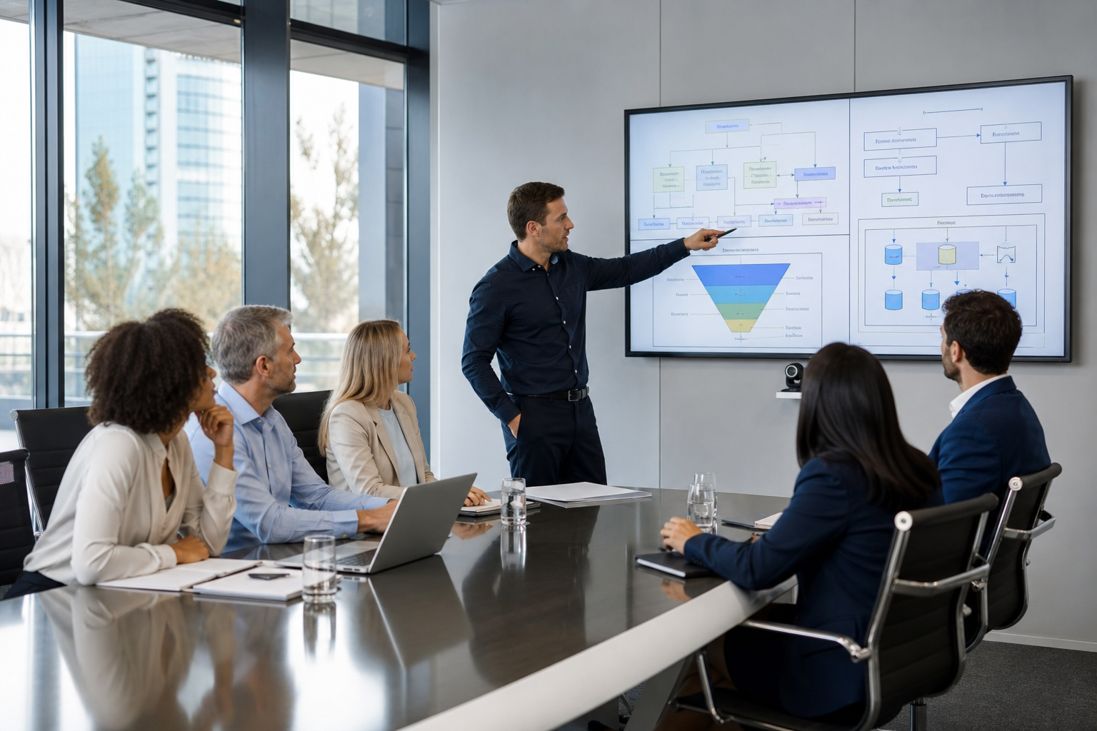 Executive Team Planning Meeting with CRM Specialist Analyzing Process Map