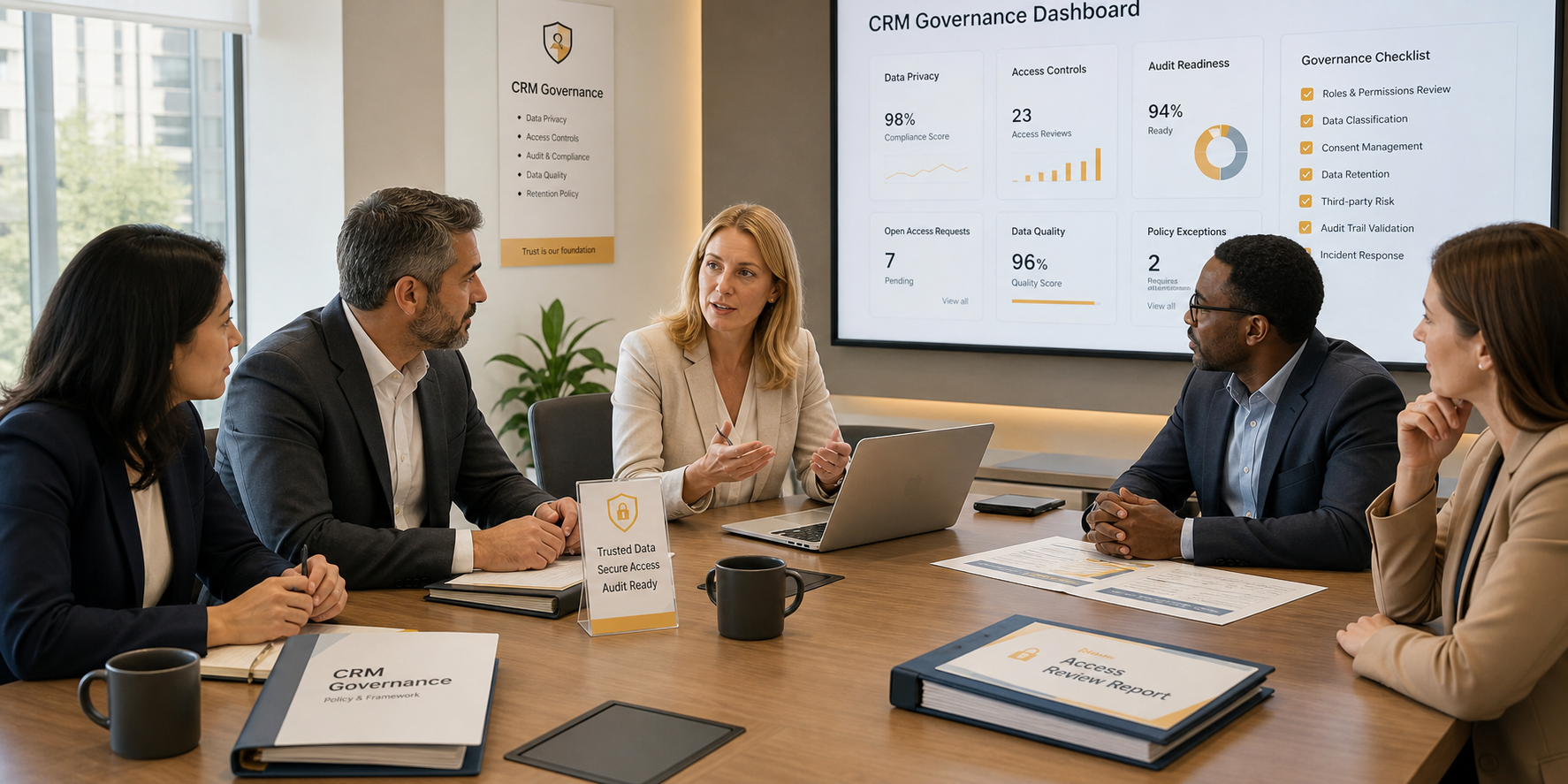 Executive Team Reviewing CRM Compliance and Security