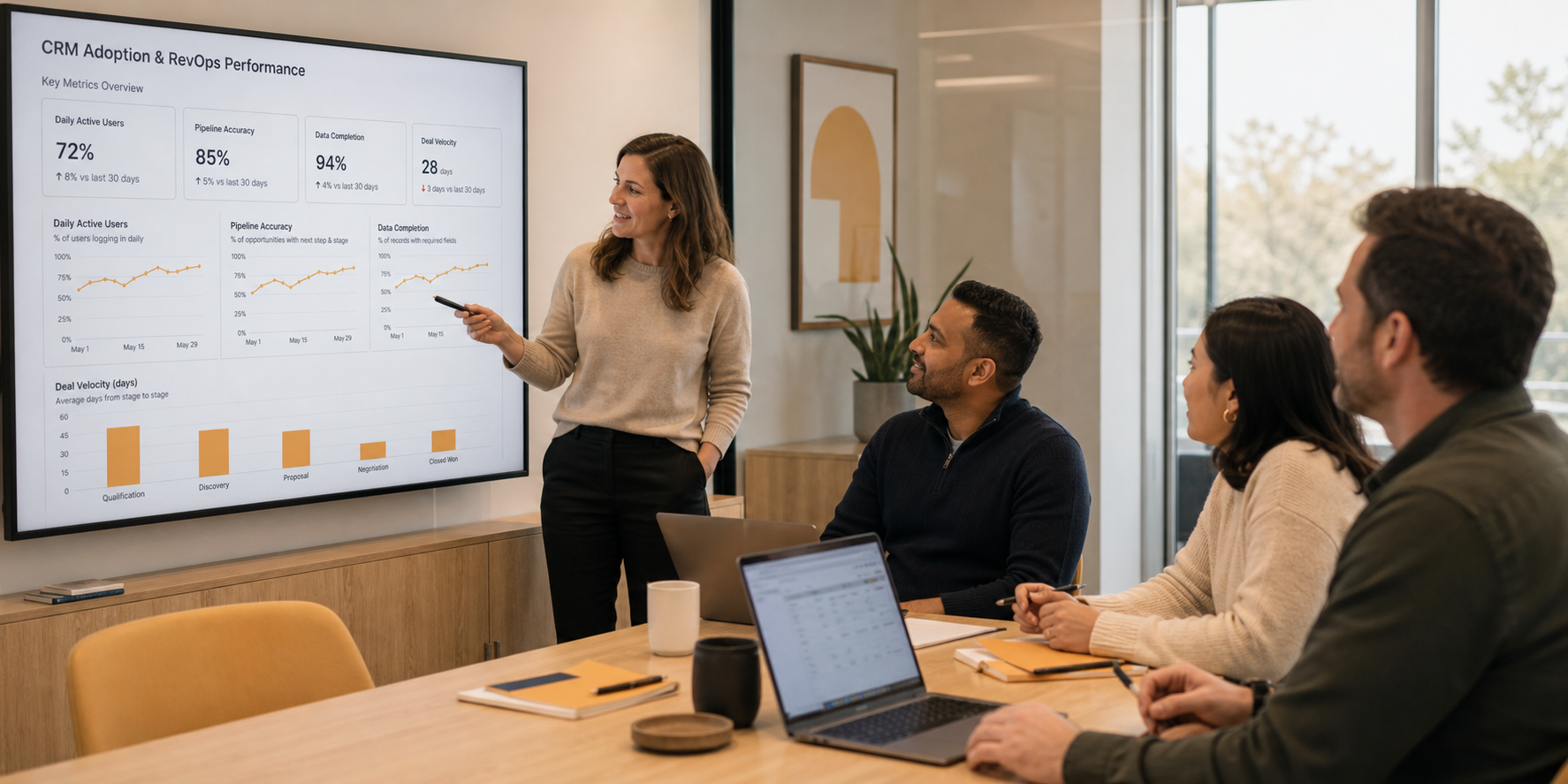 Executive Team Reviewing CRM Metrics in Modern SaaS Company