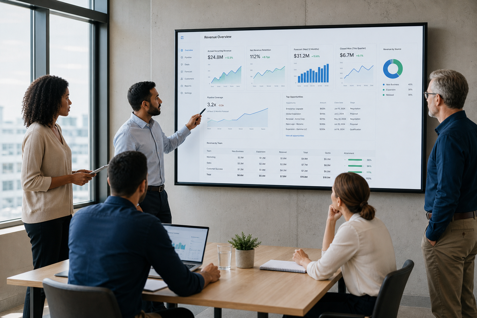 Executive Team Reviewing Revenue Dashboard in Modern Office