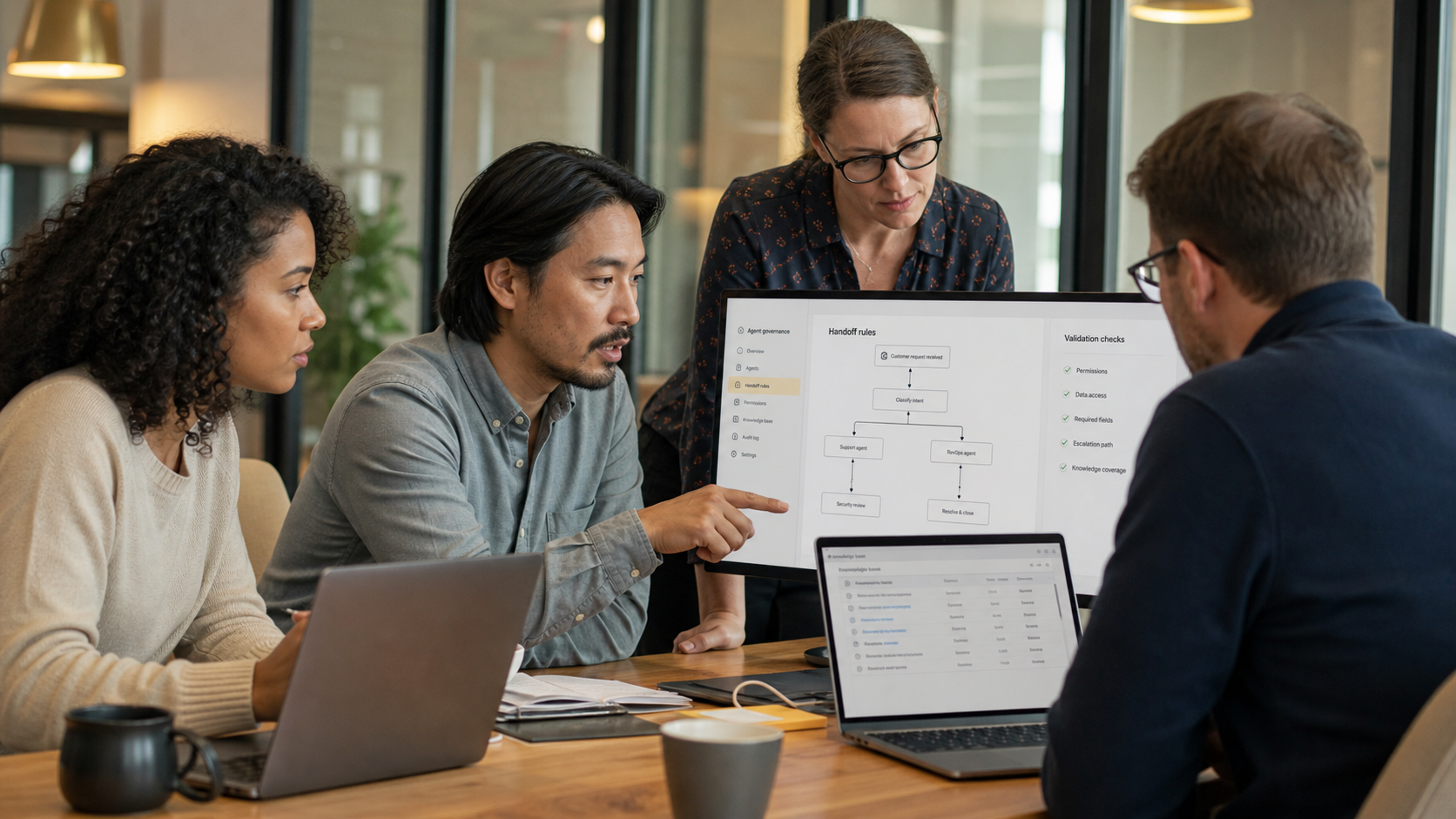 Executives Reviewing AI Governance Metrics In Modern Office