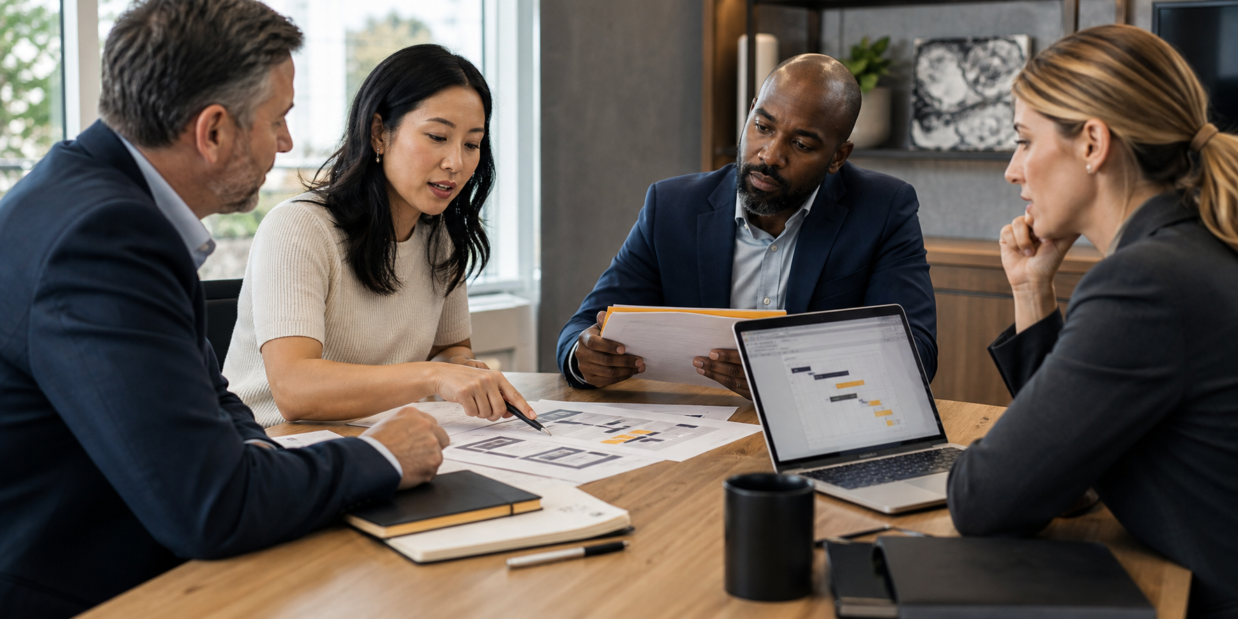 Executives Reviewing SaaS Proposals In Modern Office