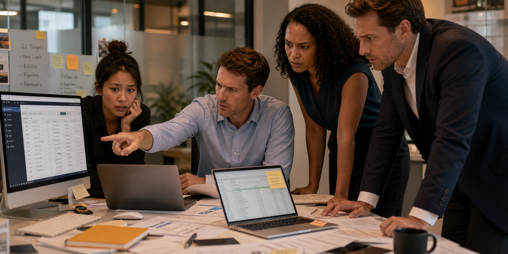 Exhausted Sales Team Reviewing Cluttered CRM Screens