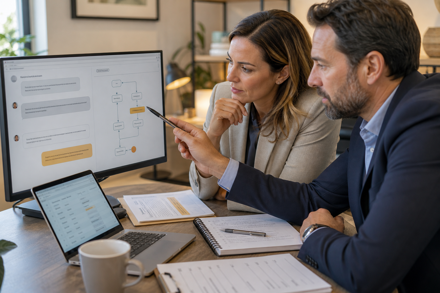 Expert And Manager Reviewing AI Agent Test On Desk