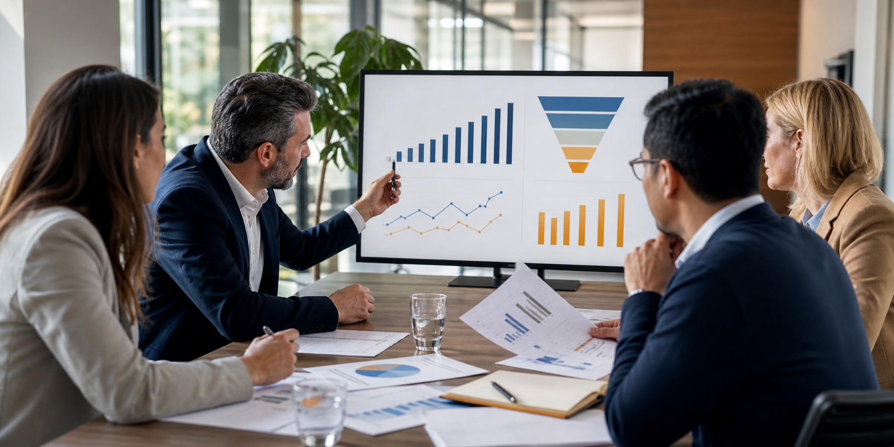 Finance Leaders Analyzing Revenue Dashboard In Modern Meeting Room