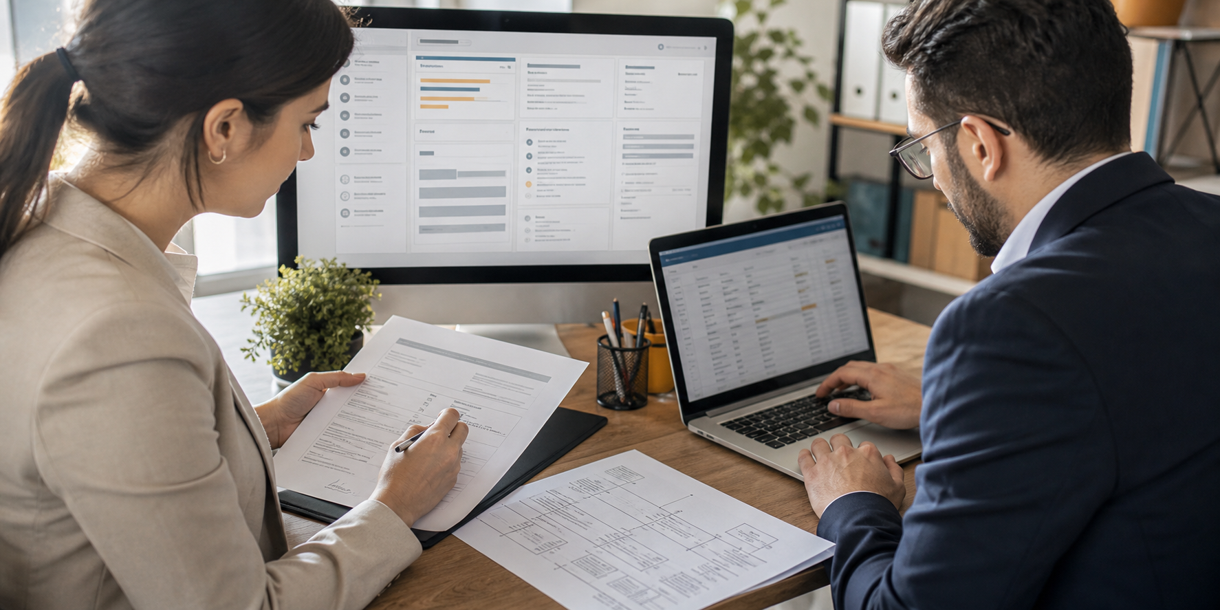 Finance Specialist And Engineer Validating Data At Desk