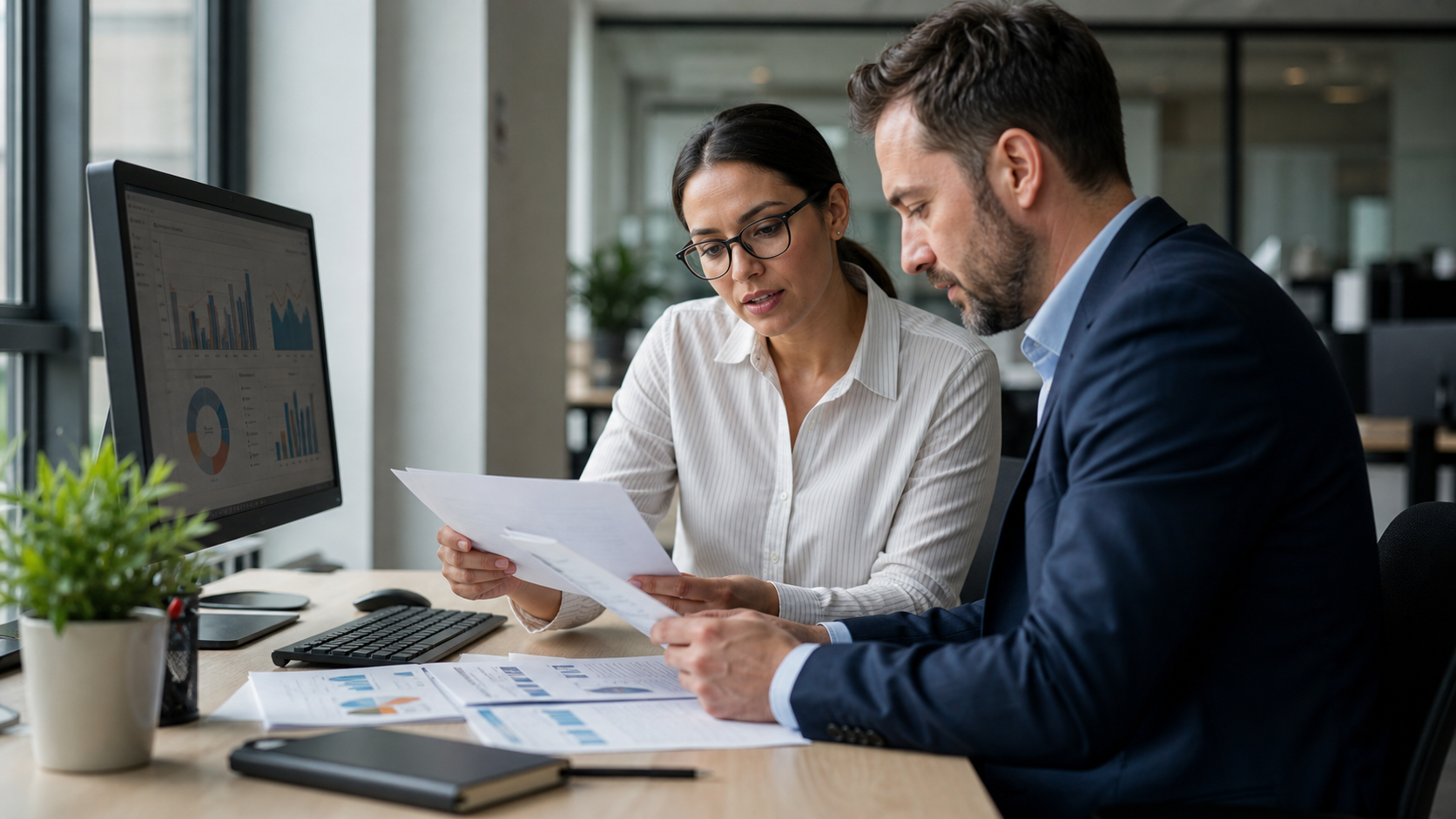 Financial Analyst And Operations Manager Reviewing Contracts At Corporate Desk